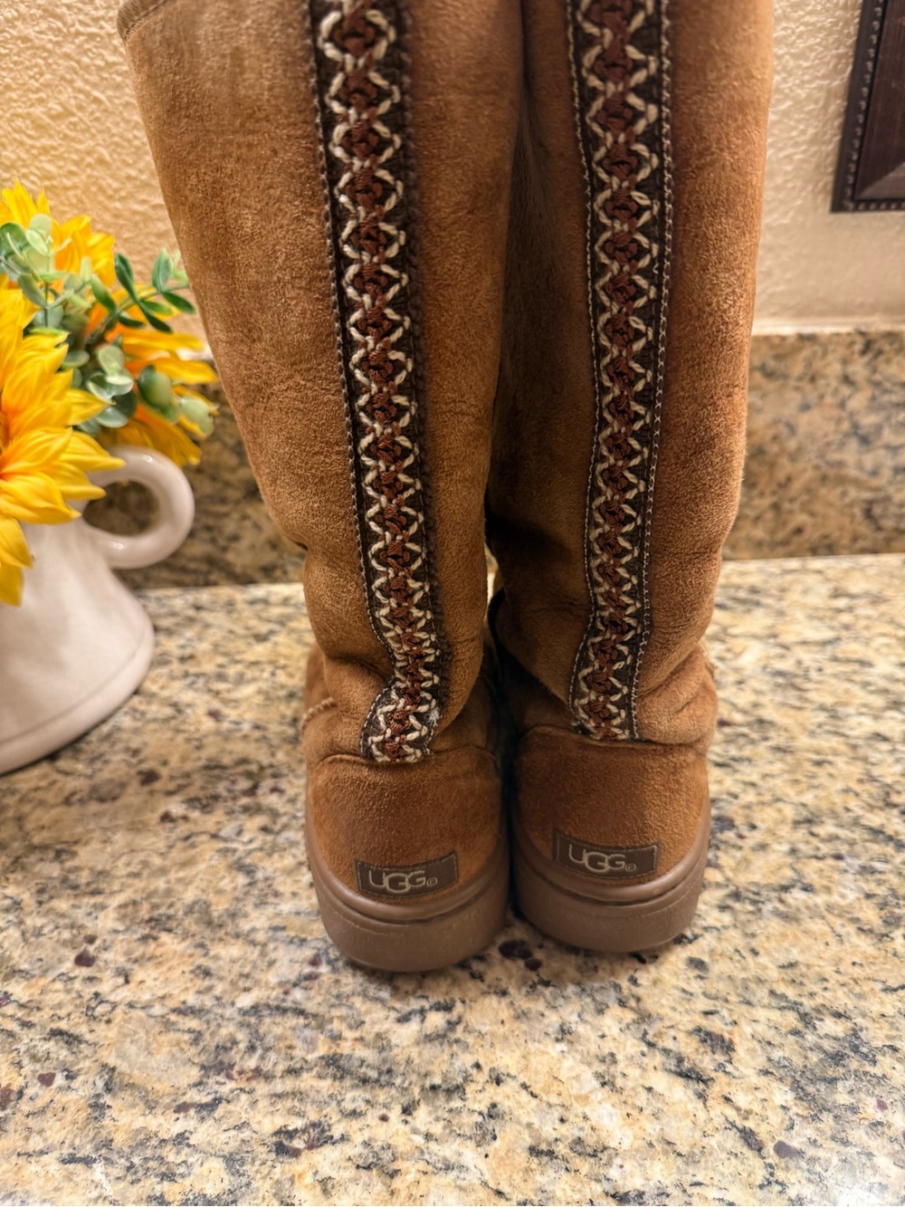 UGG Chestnut Suede Tall Boots with Braided Back Trim